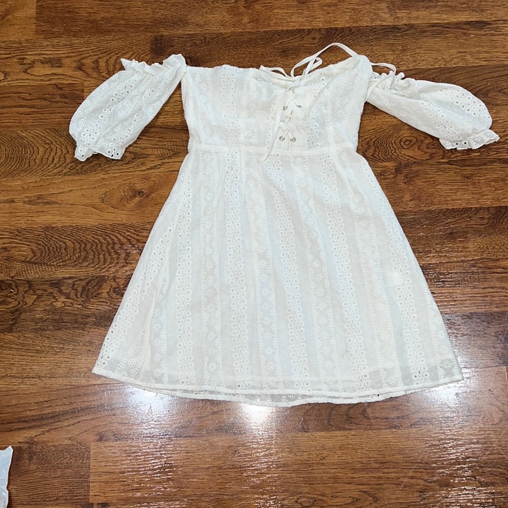 White cottage core off the shoulder mini dress